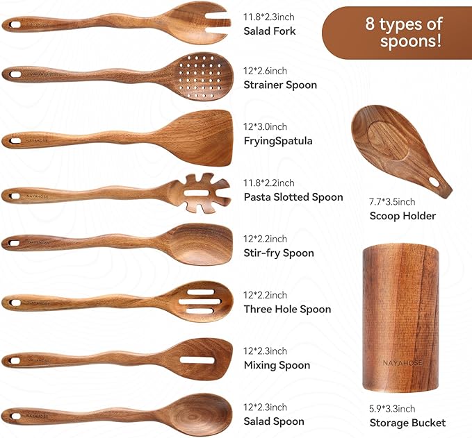 10Pcs Wooden Spoons for Cooking with Spoon Rest & Holder, 12inch Wooden Kitchen Utensil Set, Non stick, Non Scratch, Natural Teak Wooden Utensils for Cooking