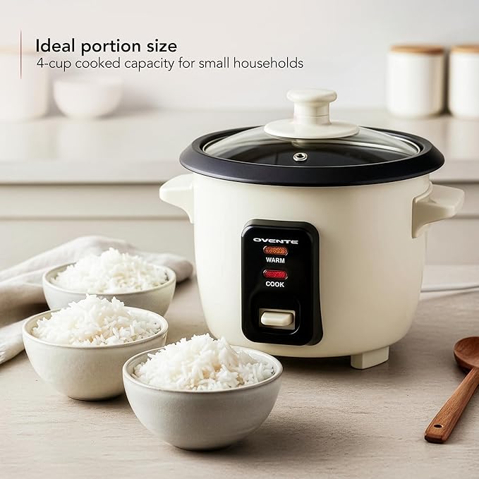 OVENTE Electric Rice Cooker 4-Cups (Cooked) with Removable Nonstick Pot, Keep Warm Function, Cooks Grain, Oatmeal and Makes Soups, Stews or Hot Cereals, Includes Measuring Cup and Spatula, Cream RC04C