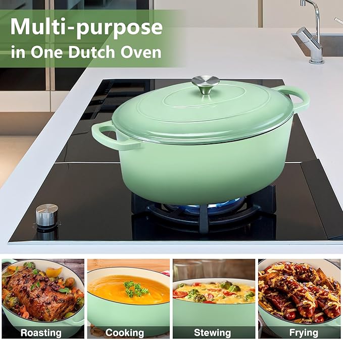 P&P CHEF Oval Dutch Oven with Lid, Enameled Cast Dutch Oven Pot for Bread Baking, Braising, Stewing, Roasting, Non-Stick & Oven Safe, Dual Handles & Easy Clean, 7QT & Pistachio Green, Valentine's Day