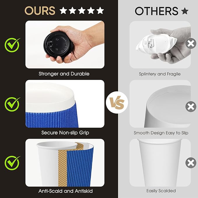 100 Pack 12 oz Disposable Coffee Cups with Lids and Straws, Insulated Ripple Wall To Go Paper Corrugated Cups, Bulk for Hot/Cold Drinks, Cafe Bar, Office, Chocolate, Cocoa (Navy)