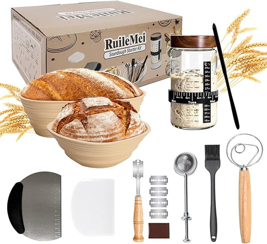 Sourdough Kit, 40oz Sourdough Starter Kit, 2 Silicone Banneton 9 Bread Proofing Baskets,Complete Sourdough Bread Baking Supplies for Beginners,sourdough bread baking supplies