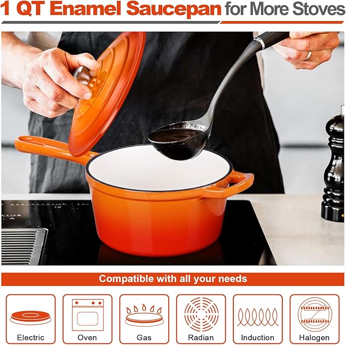 HaSteeL 1 QT Cast Iron Saucepan, Mini Enamel dutch oven with lid, Small Non Stick Pan for Milk, Pasta Tomato Sauce, Butter, Breakfast, Soup, Suitable for Boiling Stewing Frying, Easy to Clean, Orange