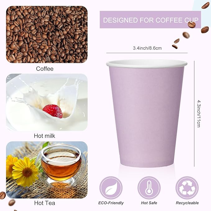 Patelai 48 Pcs 12 oz Disposable Coffee Cups with Lids and Sleeves Bulk, Insulated Hot Chocolate Paper Cup for Hot and Cold Beverage Water Juice Cocoa Party Restaurants Supplies (Macaron Purple)