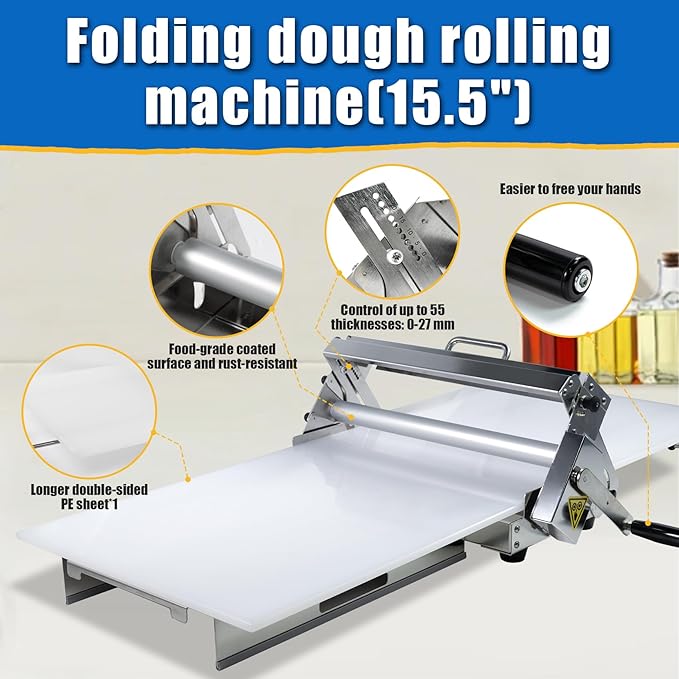Folding Dough Sheeter (15.5")，Dough Sheeter，Manual Dough Sheeter，Commercial Dough Roller Sheeter，55 thickness options，Suitable for pizza, croissants, puff pastry, Stainless Steel（1 Rolling Boards）