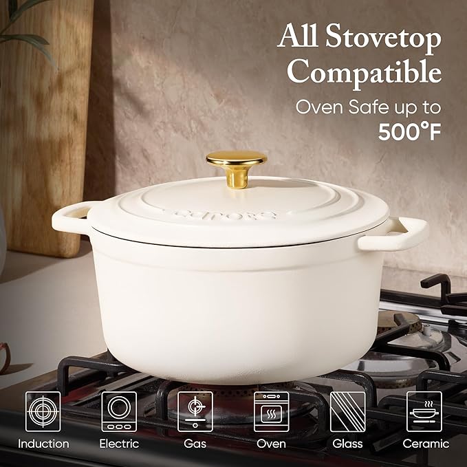 CAROTE Enameled Cast Iron Dutch Oven Pot with Lid, 4 QT Dutch Ovens, Heavy-Duty Cast Iron Pot for Sourdough Bread Baking, Braising, Stews, Roasting, Healthy & Non-Toxic, Dual Handles, All Stovetop Compatible, Oven Safe up to 500° F, Cream White