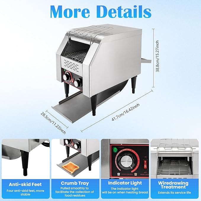 150/450 Slices/Hour Commercial Conveyor Toaster, Stainless Steel Heavy Duty Industrial Bread Baking Machine w/ 3 Ring Heating Tubes for Baking Sliced Bread, Toast (1300W(TT-150))