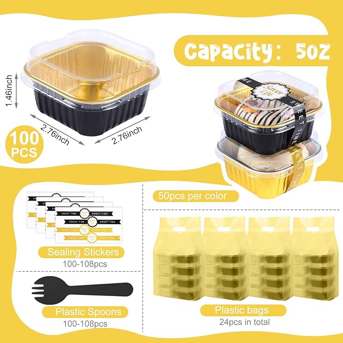 424 Pack Black Gold Mini Cake Pans Set with Lids and Spoons Include 100 Macaron 5oz Disposable Aluminum Foil Baking Pans 100 Lids 100 Spoons 100 Sealing Stickers 24 Gift Bags for Dessert