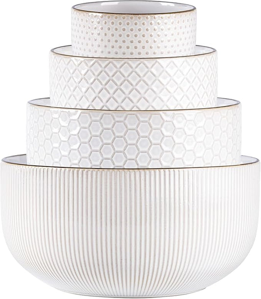 GBhome Ceramic Mixing Bowls Set, 20/45/105/150 oz, Stoneware Nesting Set of 4 embossed Kitchen Serving Bowls, Prep, Baking, Serving, Gift, Microwave and Dishwasher Safe, Dishware Collection-Off White