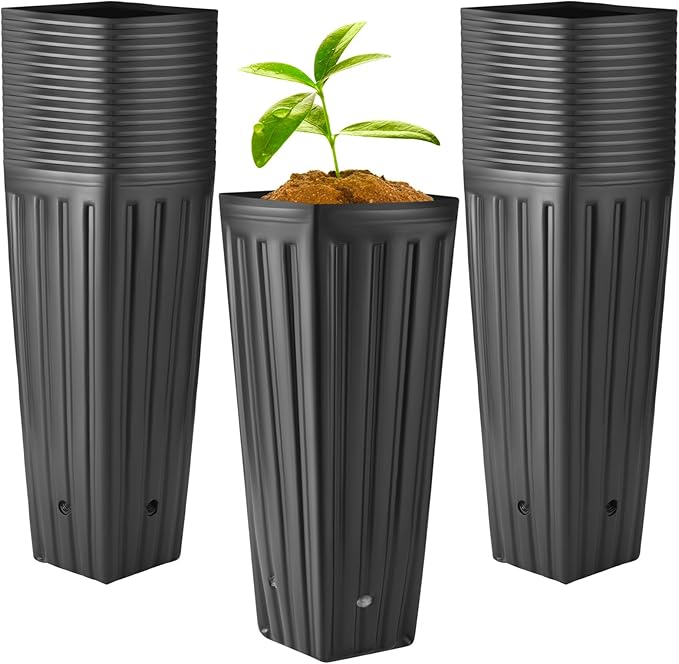 Nuenen 200 Pcs Tall Tree Pot Plastic Deep Plant Nursery Pots Black Seedling Treepots Flower Plant Container with Drainage Holes for Indoor Outdoor Gardening (11.8" H X 5.9" W)