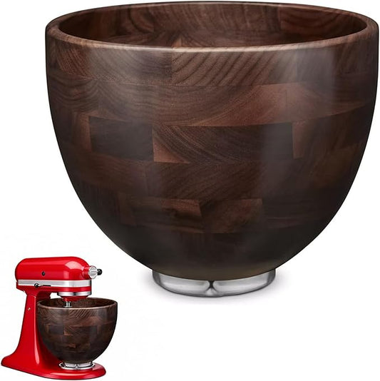 Premium Walnut Wood Mixing Bowl Compatible with KitchenAid 4.5 & 5 QT Tilt-Head Models