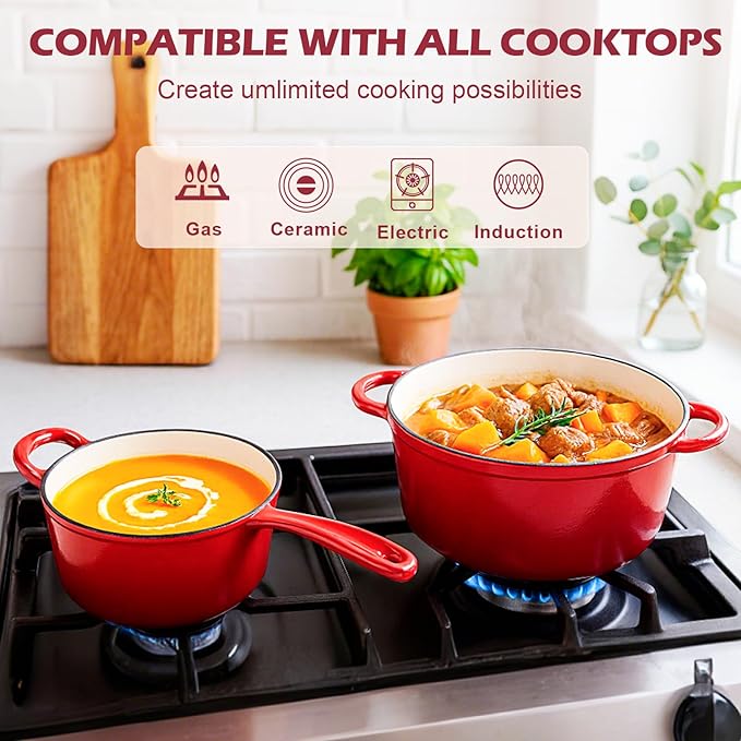 Hisencn Enameled Cast Iron Cookware Set - 2 PC Set of 5.5QT Dutch Ovens, 2QT Sauce Pan, Dutch Oven Set, Ceramic Coated Cast Iron, Heavy Duty, Gas/Induction Compatible,Red