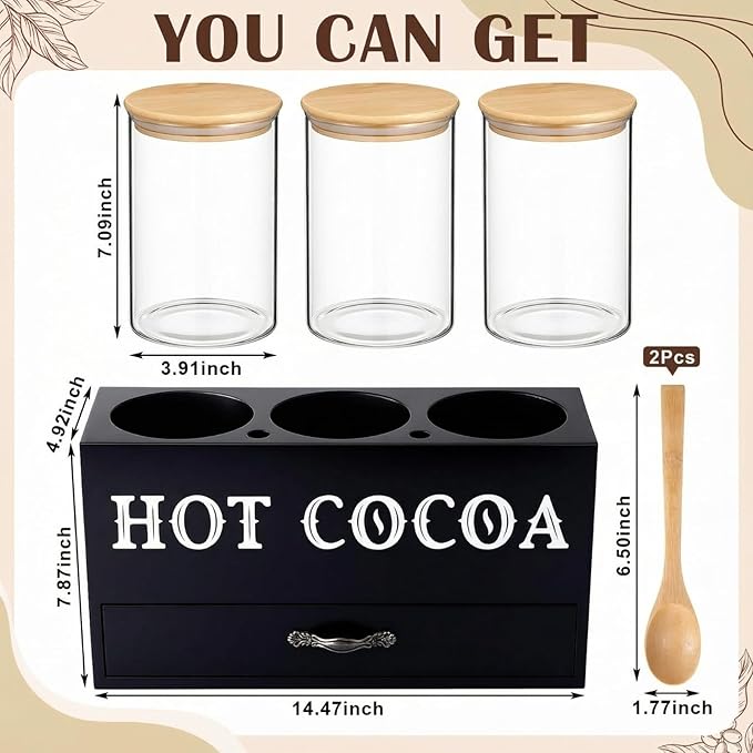 LemonRoad 3 Pcs Hot Cocoa Bar Accessories Wooden Hot Chocolate Bar Organizer with Glass Jar and Spoon Coffee Sugar Container Set Cocoa Container Box with Drawer for Kitchen Winter Pantry Storage