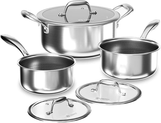 COOKER KING Stainless Steel 6 Pcs Pots Set, 1.5 & 2QT Saucepan and 5-Quart Pots with Lids, Non Stick, Non Toxic, Stay-Cool Handles, Induction, Oven, Dishwasher Safe
