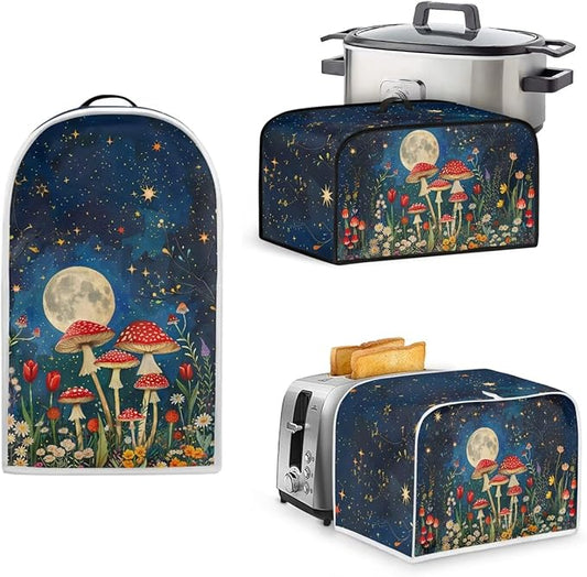 Unique Toaster 4 Slice Cover Thanksgiving Day Decorations Set, Blender Bread Toaster Slow Cooker Cover Fit for Most 6-8 Qt Slow Cookers, Mushroom Moon (Blue)