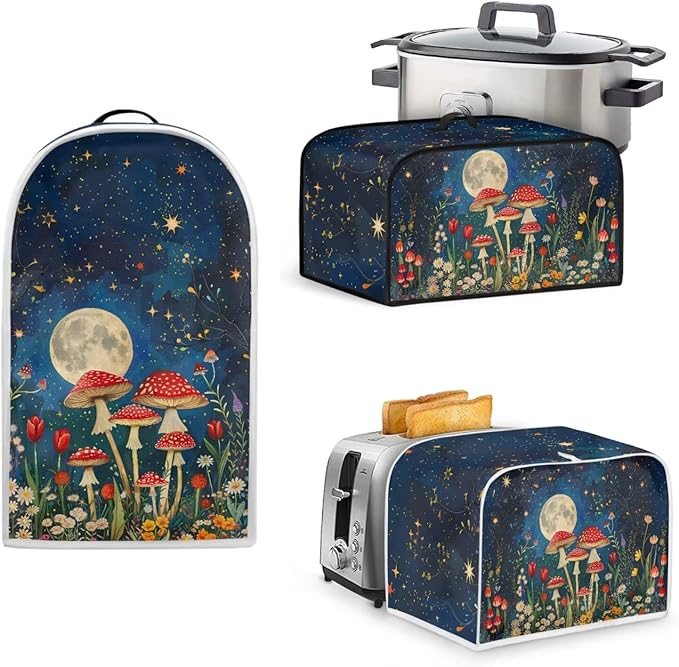 Unique Toaster 2 Slice Cover Thanksgiving Day Decorations Set, Blender Bread Toaster Slow Cooker Cover Fit for Most 6-8 Qt Slow Cookers, Mushroom Moon (Blue)
