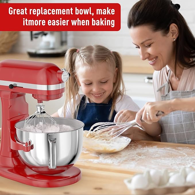 7QT Stainless Steel Mixer Bowl for Kitchenaid Stand Mixers, Kitchen Aid Mixing Bowl for 7QT Lift Mixer with Handle
