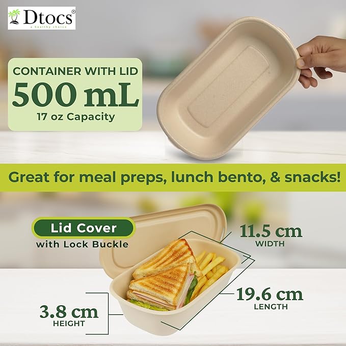 Dtocs Premium Disposable Meal Prep Containers with Lids (Pack of 50), 500 mL (17oz) | Heavy Duty Bamboo Fiber To Go Food Containers – Leak Resistant, Microwave & Freezer Safe