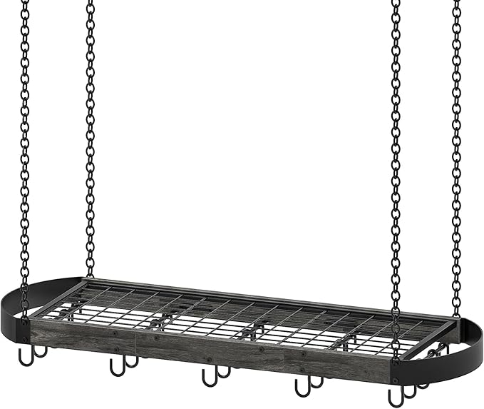 39.4-Inch Hanging Pot Rack, Space-Saving Pot Hanger for Kitchen, Ceiling Pan Hanging Rack with 16 Detachable S Hooks, Sturdy Metal Frame, Industrial Style, Charcoal Black and Black TPR10BC