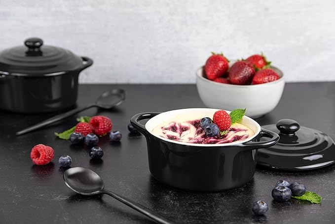 Kook Ceramic Mini Cocotte Set, Small Casserole Dishes with Lids and Handles, Individual Baking Ramekins, Oven safe 500F, Microwave & Dishwasher Safe, Stoneware, 12 oz, Set of 4, (Black)