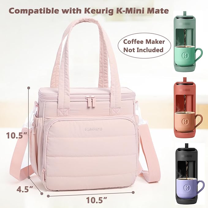 BAGSPRITE Coffee Maker Travel Bag Compatible with Keurig K-Mini Mate, Carrying Case for K-Cup Single Serve Coffee Maker, Portable Coffee Maker Case with Pod Organizer, Mug Pockets & Shoulder Strap