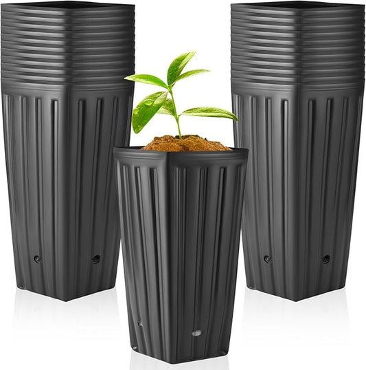 Nuenen 100 Pcs Tall Tree Pot Plastic Deep Plant Nursery Pots Black Seedling Treepots Flower Plant Container with Drainage Holes for Indoor Outdoor Gardening (9.8" H X 5.9" W)
