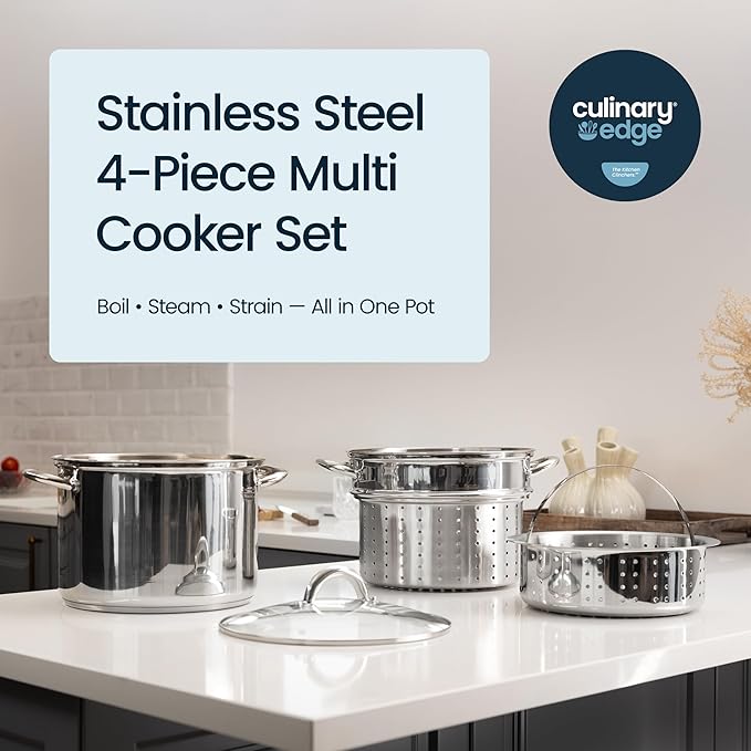 Culinary Edge Stainless Steel 8-Quart Nonstick 4-Piece Multi-Cooker with Steamer and Pasta Pot Cookware Set