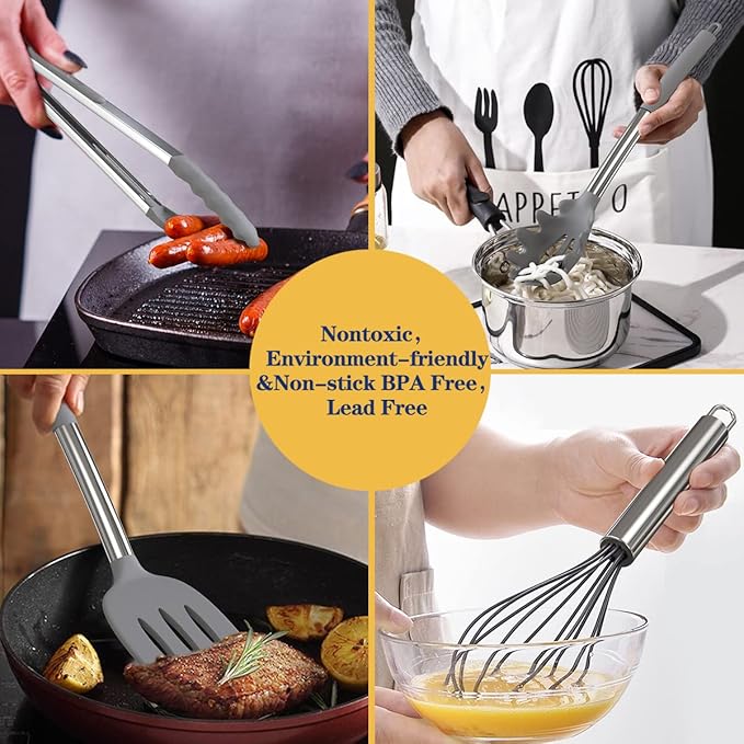 Silicone Cooking Utensil Set, Fungun Non-stick Kitchen Utensil 24 Pcs Cooking Utensils Set, Heat Resistant Cookware, Silicone Kitchen Tools Gift with Stainless Steel Handle (Gray-24pcs)