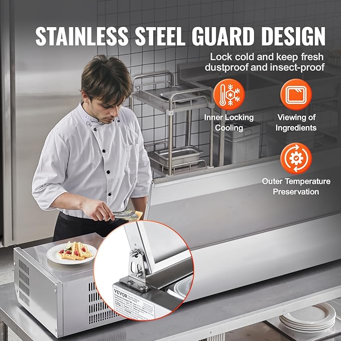 VEVOR Condiment Prep Rail Station, 160 W Countertop Refrigerated Condiment Station, with 5 1/3 4 1/6 Pans, 304 Body and PC Lid, Sandwich Prep Table with Stainless Guard, ETL, Silver