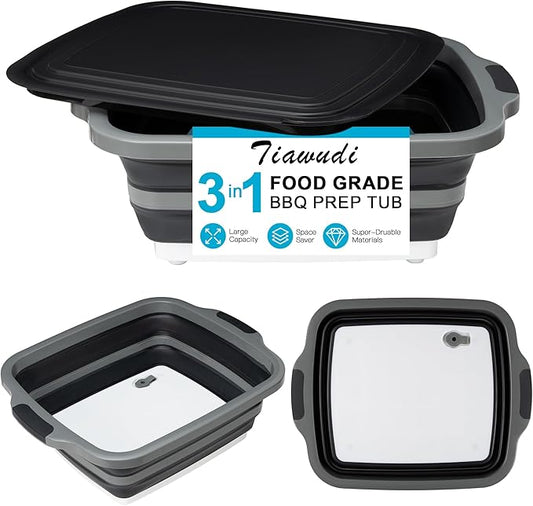 Tiawudi Large Collapsible BBQ Prep Tub with Lid(4.22 Gal/16L), Foldable Camping Sink with Colander, Cutting Board, Dish Basin for Kitchen, Bowl, Vegetable and Fruit, Storage Basket for Picnic