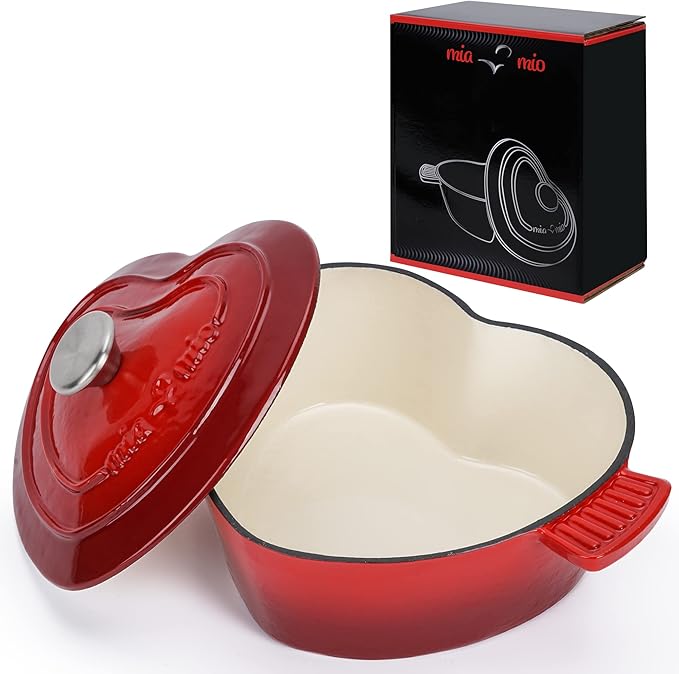 MIAMIO - Enameled Cast Iron Dutch Oven (3.2 Quart, 10 Inch) in Heart Shape Non Stick Pot/Gift for Christmas, Suitable for All Heat Types + Oven