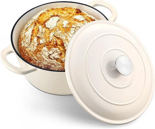 TeamFar 5Qt Dutch Oven, Enameled Cast Iron Dutch Oven with Lid & Dual Handles for Cooking Baking Braising Simmering, Healthy & Sturdy, Oven & Various Stovetops Safe, Non-stick & Easy Clean - Cream White