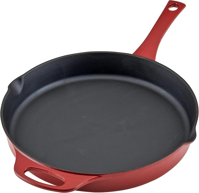 Rachael Ray NITRO Cast Iron Frying Pan/Skillet with Helper Handle and Pour Spouts, 12 Inch, Red