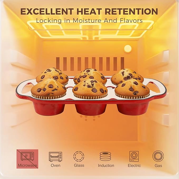 HONGBAKE Everline Collection Enameled Cast Iron Muffin Pan, Non Tocix Naturally Muffin Tin 6, Non Stick Cup Cake Pans for Baking, Oven & Stovetop Safe, Standard Size, 2 Pack, Red