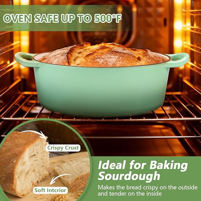P&P CHEF Oval Dutch Oven with Lid, Enameled Cast Dutch Oven Pot for Bread Baking, Braising, Stewing, Roasting, Non-Stick & Oven Safe, Dual Handles & Easy Clean, 7QT & Pistachio Green, Valentine's Day