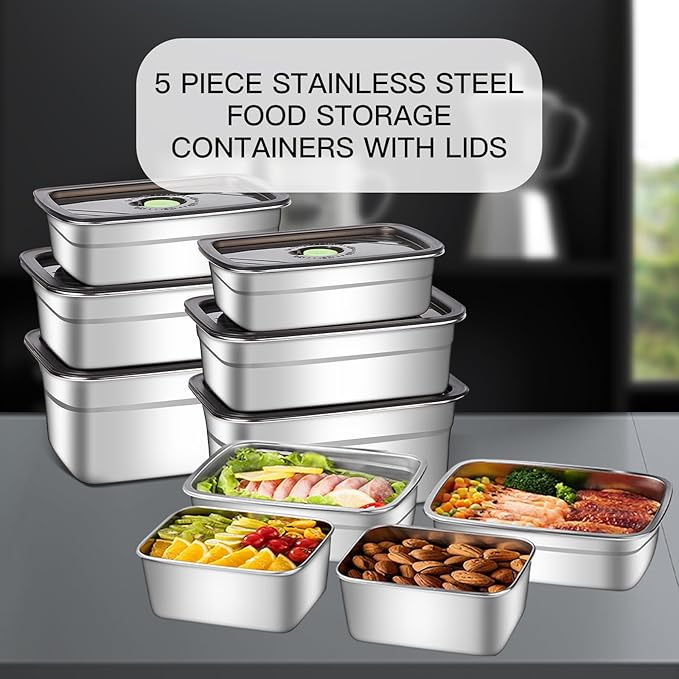 Stainless Steel Food Storage Containers Set of 10,Airtight Leakproof Meal Prep Containers with Lids, Reusable Stackable Lunch Boxes for Food Organization, Freezer & Dishwasher Safe