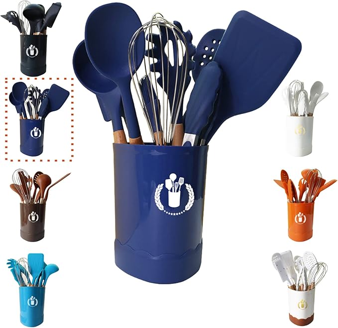 Dark Blue Silicone Kitchen Cooking Utensils Set, Heat Resistant Gadgets with Wooden Handle, Silicone Spoons, Spatula, Whisk for Nonstick Cookware