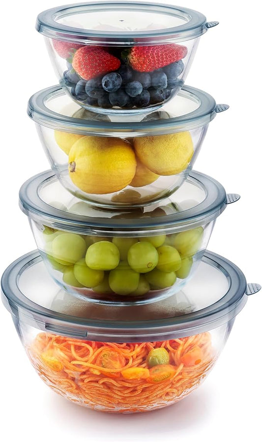 4pc Glass Mixing Bowls with Lids Set (2.80QT, 1.64QT, 1.16QT, 0.85QT), Thick Salad Bowl, Nesting Glass Mixing Bowl for Cooking, Baking, Prepping-Dishwasher Microwave Freezer Safe