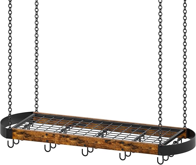 39.4-Inch Hanging Pot Rack, Space-Saving Pot Hanger for Kitchen, Ceiling Pan Hanging Rack with 16 Detachable S Hooks, Sturdy Metal Frame, Industrial Style, Rustic Brown and Black TPR10BF