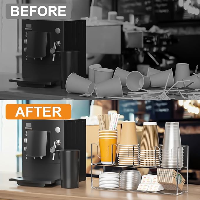 Beego 4-Compartment Cup Holder for Countertop - 2-Tier Black Acrylic Cup Dispenser Coffee Station Paper Cup and Lid Organizer Condiment Storage for Restaurant Breakroom Kitchen Bar Accessories