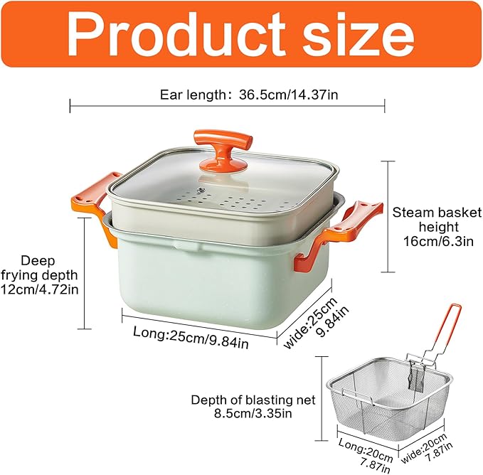 Deep Fryer & Steamer Pot - Nonstick Maifan Stone Coating, Fry, Steam, Sauté & Braise, Easy-Clean, 4.5L/152oz Capacity with Glass Lid, Metal Steamer Rack, and Stainless Steel Fry Basket
