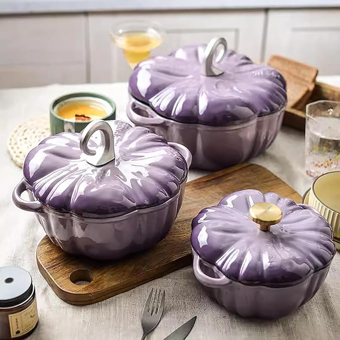 Pumpkin Cocotte,Pumpkin Dutch Oven Pot with Lid,Enamel Cast Iron Cooking Pot,Non Stick Pumpkin Pot,Stew Pot Soup Pot,Serves 3-5,Halloween Thanksgiving Decor Pot Gift(3.9 Quart, Purple)