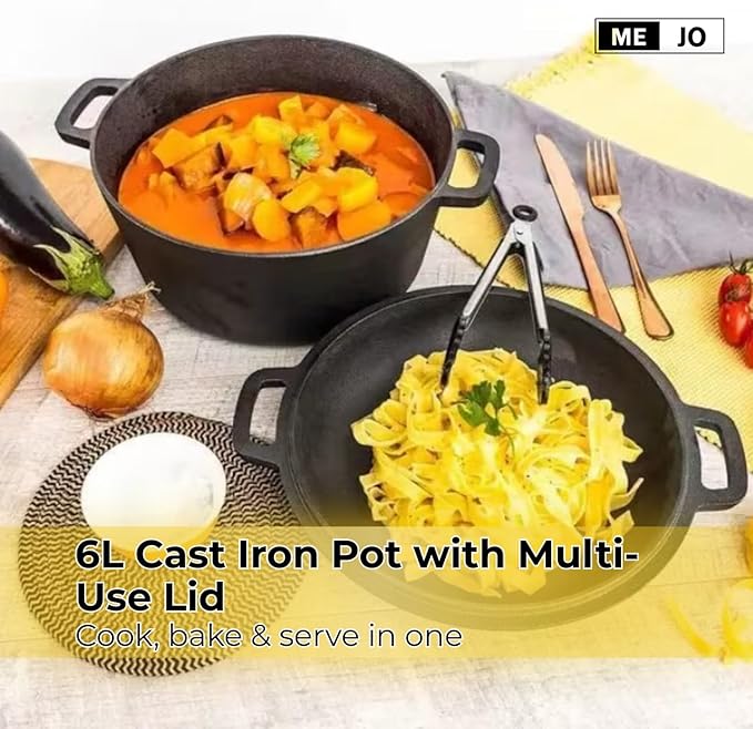 ME JO 6qt Cast Iron Dutch Oven with Multi-Functional Cast Iron Skillet Lid – Heavy-Duty Casserole Dish with Lid for Bread Making, Roasting to Frying | 4.8L Capacity | Pre-Seasoned, Hob and Oven Safe