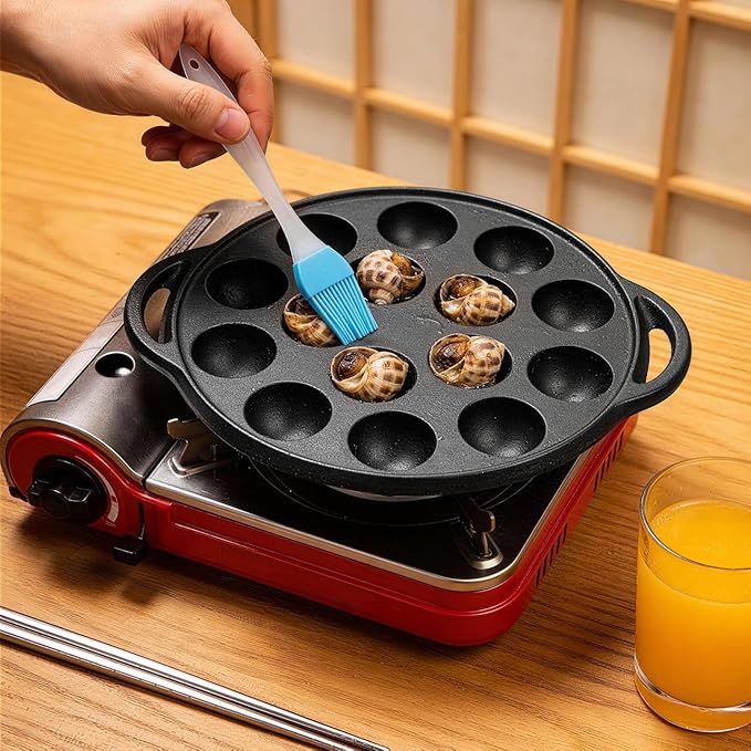 Cast Iron Takoyaki Pan with 15 Holes, Non-Stick Escargot Plate for Snails and Meatballs, Includes Forks and Brush, Compact Size for Home and Professional Use