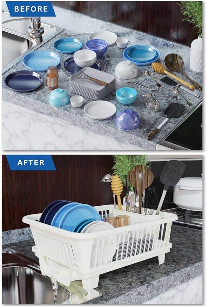 3pc Large Dish Drying Rack, Space Saving Dish Rack for Kitchen Counter, Plastic Dish Rack with Cutlery Holder and Dish Drainer