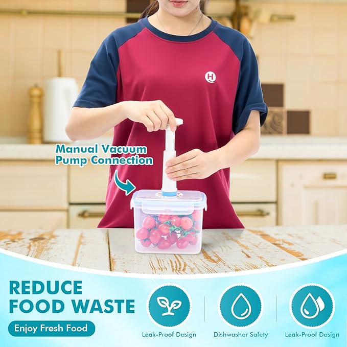 LemonRoad 33 Piece Vacuum Seal Storage Food Containers with Lids (6Containers&6 Lids&20 Sealable Bags&1 Hand Vacuum Pump), Meal Prep Containers with Lid, Airtight and Leak Proof(Blue)
