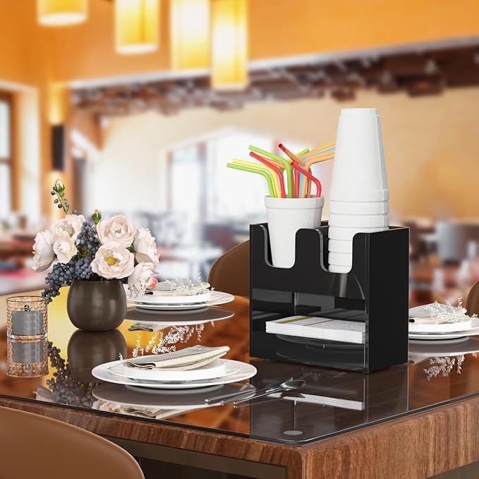 Beego 3-Compartment Cup Holder for Countertop - 2-Tier Black Acrylic Cup Dispenser Coffee Station Paper Cup and Lid Organizer Condiment Storage for Restaurant Breakroom Kitchen Bar Accessories