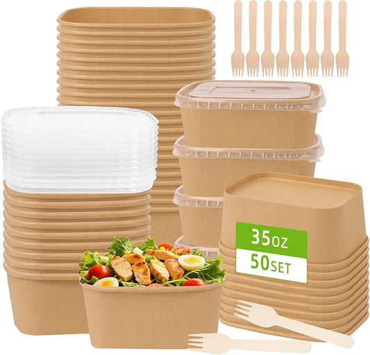 50 Pack 35 oz Paper Food Containers with Lids, Meal Prep Containers Disposable Large Paper Bowls, Microwavable and Freezer Storage Use Cardboard Food Containers