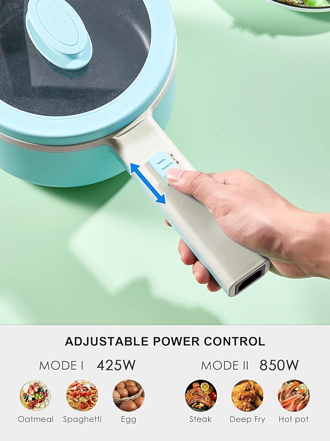 Hot Pot Electric With Steamer, 1.6L Ramen Cooker Non-Stick Sauté Pan for Steak, Egg, Fried Rice, Ramen, Oatmeal, Soup, Portable Personal Perfect Suit Dorm Room and Apartment (Aqua)