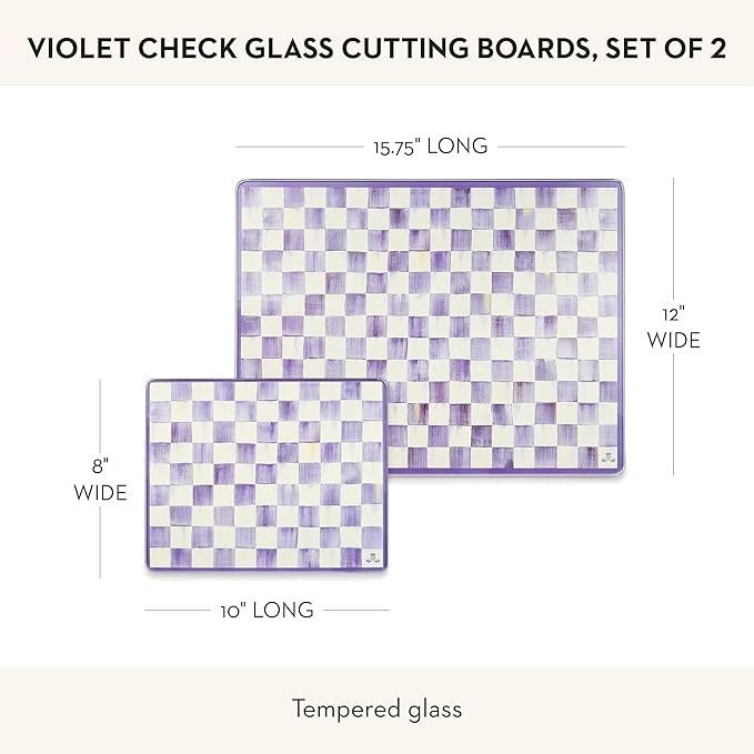 MACKENZIE-CHILDS Set of 2 Tempered Glass Cutting Boards, Countertop Cutting Boards, Purple-and-White Violet Check