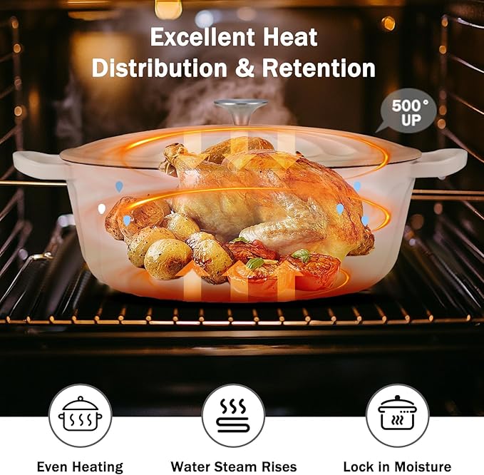 Enameled Oval Dutch Oven Pot with Lid, 7 QT Cast Iron Dutch Oven with Dual Handles for Cooking, Bread Baking, Frying, Non-stick Enamel Coated Oven (Caramel White)